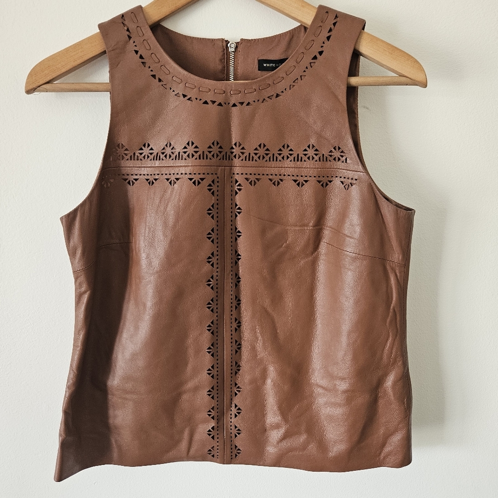 White house black market laser cut brown leather tank